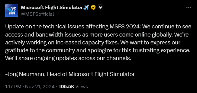 The 'Microsoft Flight Simulator 2024' devs provide an update on their ongoing fixes.
