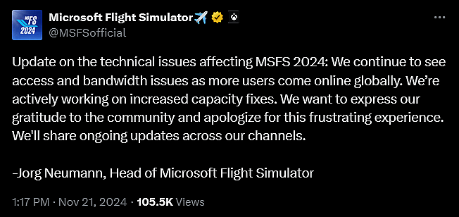 The 'Microsoft Flight Simulator 2024' devs provide an update on their ongoing fixes.