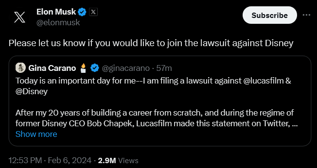Elon Musk invites others to join Gina Carano's lawsuit against Disney.