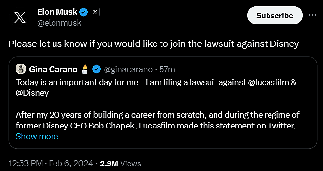 Elon Musk invites others to join Gina Carano's lawsuit against Disney.