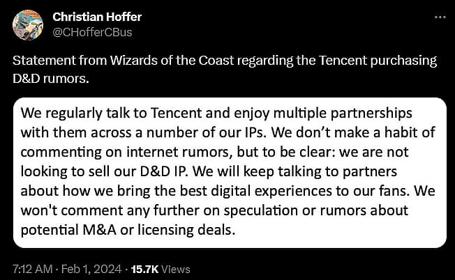 Christian Hoffer shares Wizards of the Coast statement on Dungeons & Dragons Tencent sale rumor