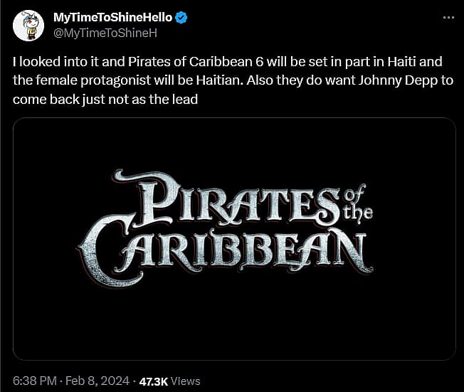 MyTimeToShineHello on Johnny Depp's possible inclusion in female-led Pirates of the Caribbean