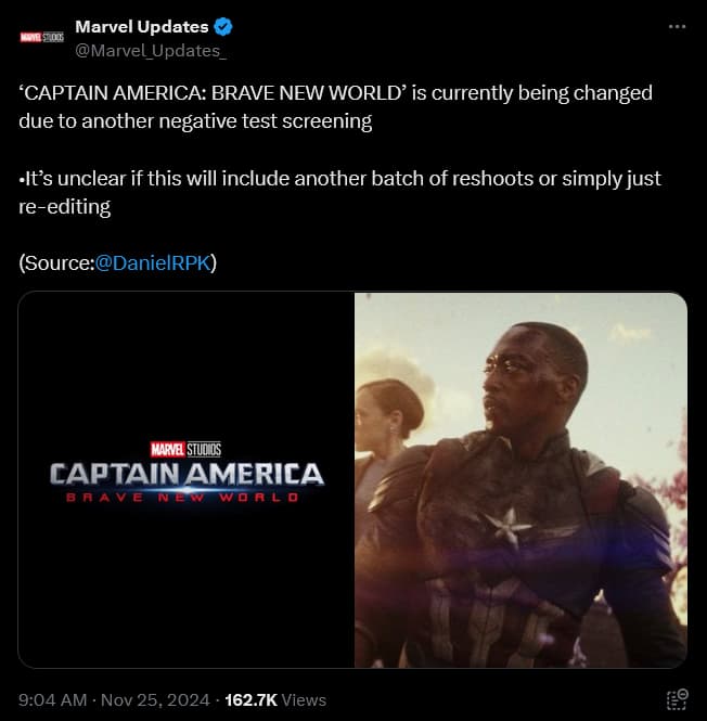 Daniel Richtman scoops the rumor that 'Captain America: Brave New World' is being reworked yet again following poor test screenings.