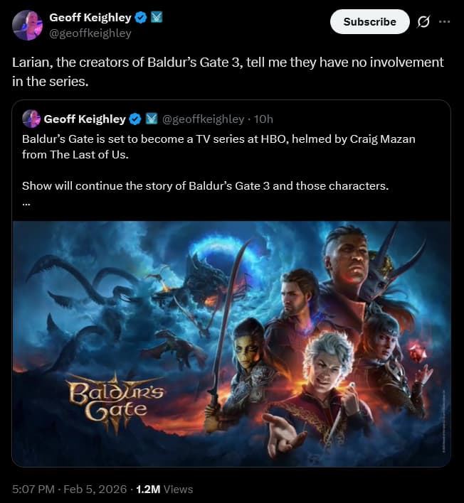 Geoff Keighley confirms Larian Studios will not be involved with HBO's 'Baldur's Gate 3' series