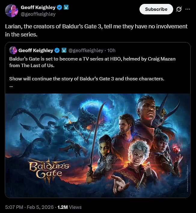 Geoff Keighley confirms Larian Studios will not be involved with HBO's 'Baldur's Gate 3' series