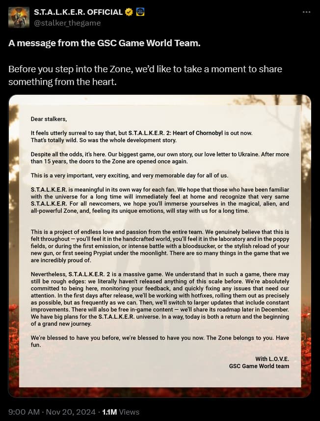 GSC Gameworld has promised to continually fix and address the launch day issues seen in 'S.T.A.L.K.E.R. 2'.