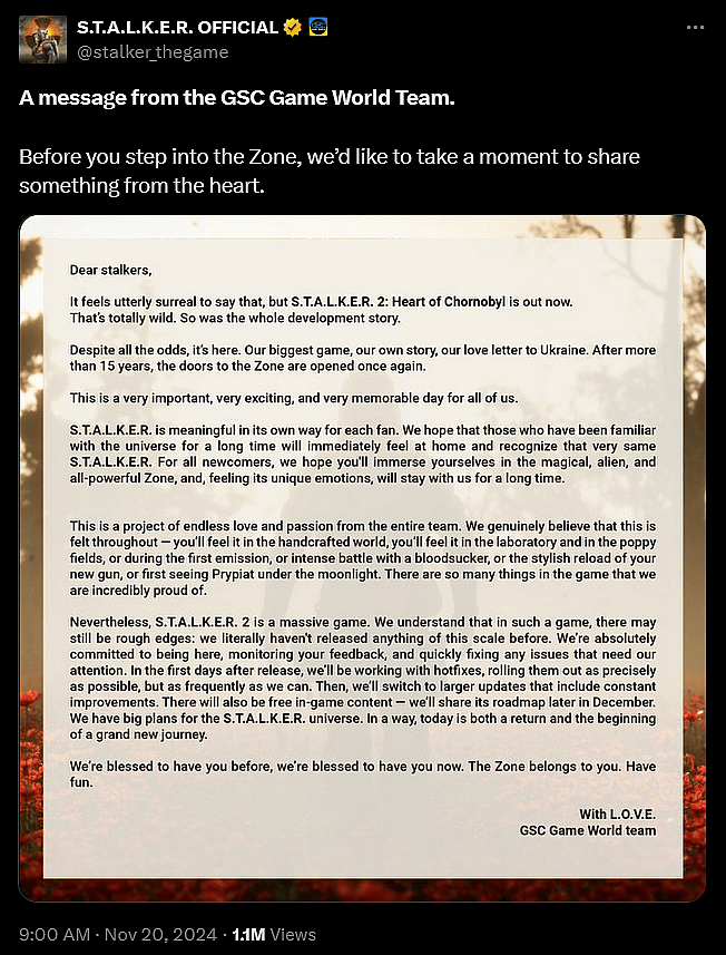 GSC Gameworld has promised to continually fix and address the launch day issues seen in 'S.T.A.L.K.E.R. 2'.