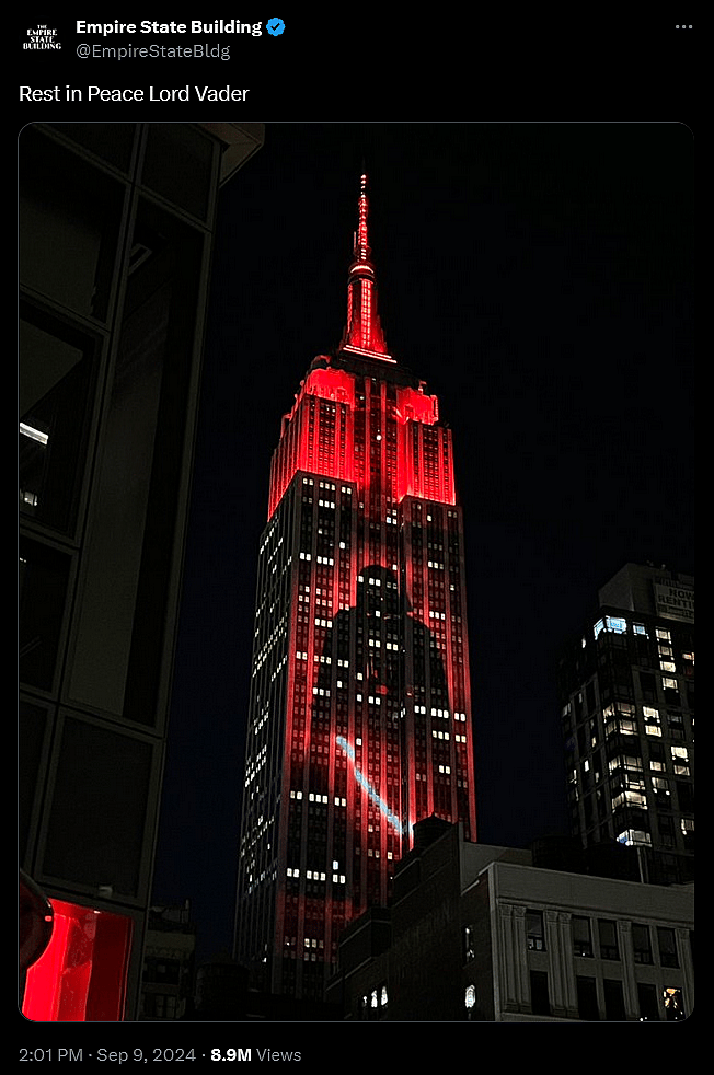 The Empire State Building lights up in honor of James Earl Jones' passing.