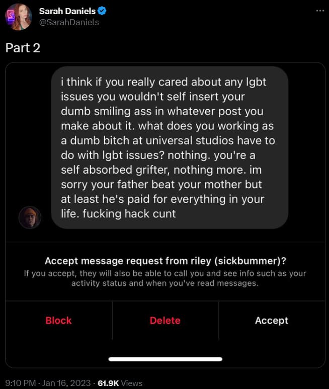Sarah Daniels highlights abusive messages she received via Twitter