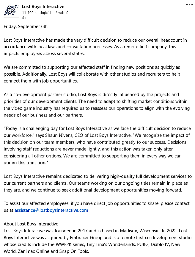 Lost Boys Interactive announces the reduction of most of their remaining workforce