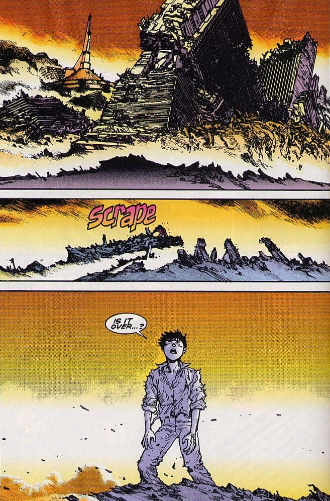 Kaneda emerges in the aftermath of Akira's destruction of Neo-Tokyo in Akira Chapter 23 "Akira's Rain" (1990), Kodansha/Epic Comics. Words by Katsuhiro Otomo, art by Katsuhiro Otomo and Steve Oliff.