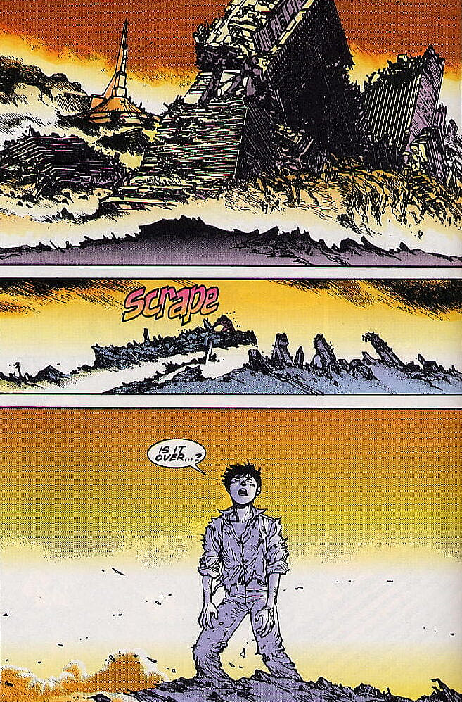 Kaneda emerges in the aftermath of Akira's destruction of Neo-Tokyo in Akira Chapter 23 "Akira's Rain" (1990), Kodansha/Epic Comics. Words by Katsuhiro Otomo, art by Katsuhiro Otomo and Steve Oliff.