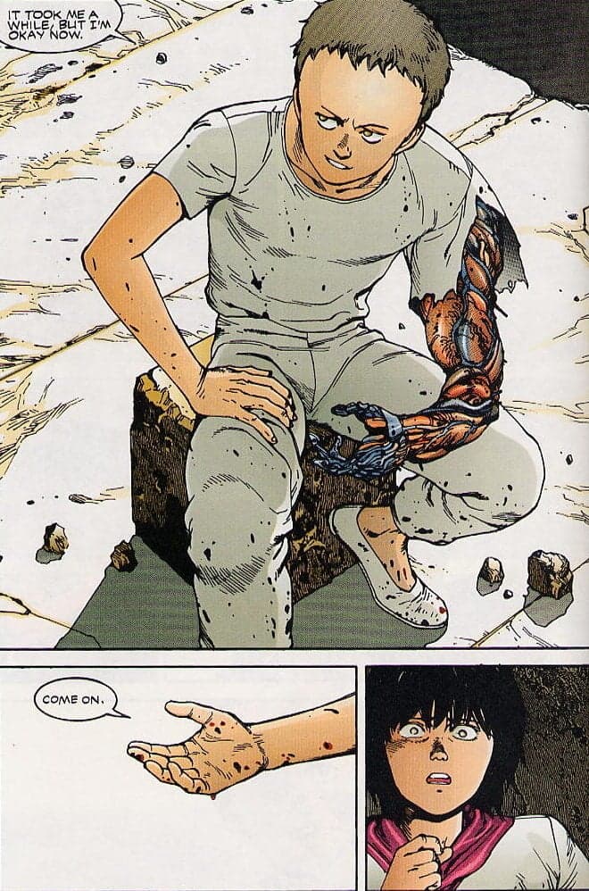 Kaori is shocked by Tetsuo's continued mutation in Akira Chapter 29 "Ride to Revenge" (1988), Kodansha/Epic Comics. Words by Katsuhiro Otomo, art by Katsuhiro Otomo and Steve Oliff. Words by Katsuhiro Otomo, art by Katsuhiro Otomo and Steve Oliff.