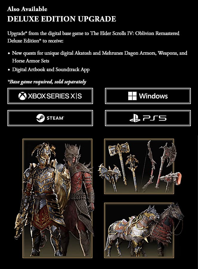 Deluxe Edition Upgrade contents for The Elder Scrolls IV: Oblivion Remastered (2025), Bethesda
