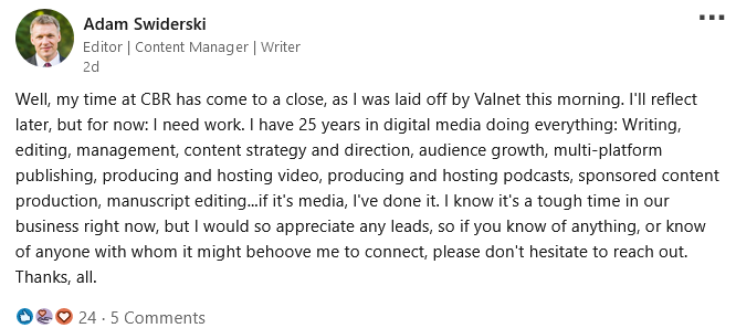 Adam Swiderski announces his being laid off from CBR 