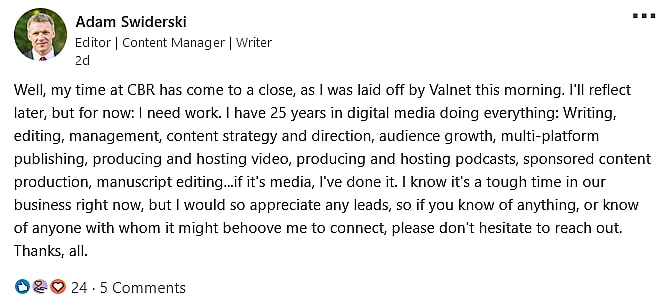 Adam Swiderski announces his being laid off from CBR 