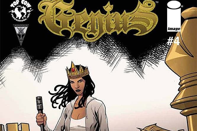 Regalia comic book cover featuring a woman with crown holding rifle among chess pieces