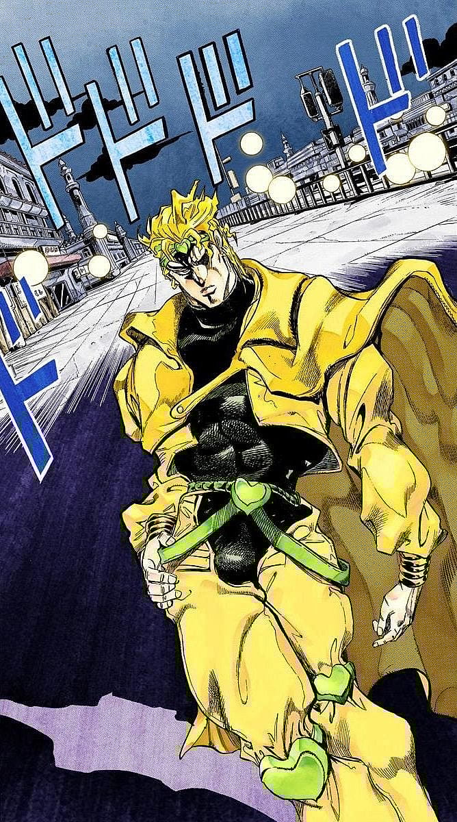Dio Brando arrives to his final confrontation with Jotaro Kujo in JoJo's Bizarre Adventure Part 3: Stardust Crusaders Chapter 137 "Dio's World Part 4" (1992), Shueisha. Words and Art by Hirohiko Araki.