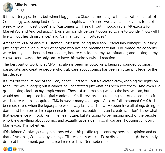Current ComiXology employee Mike Isenberg has little hope for the service's future