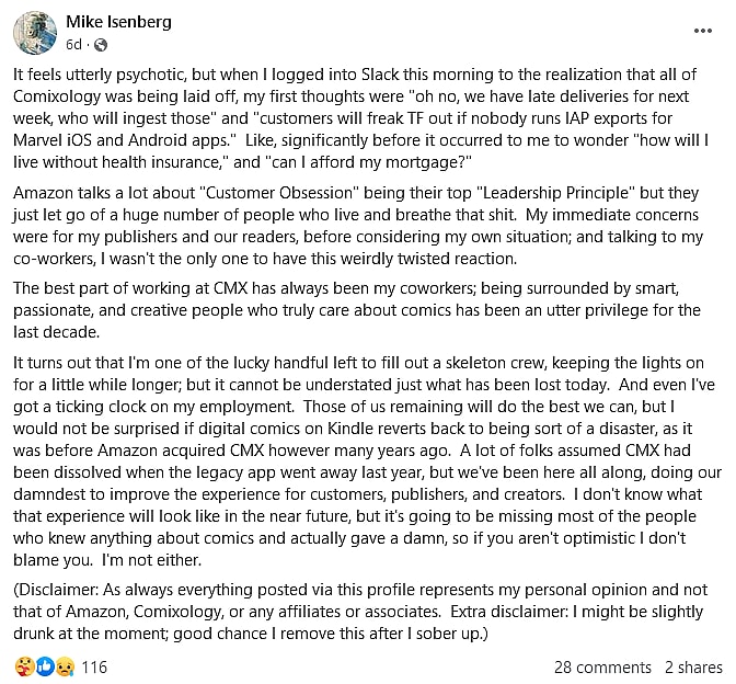 Current ComiXology employee Mike Isenberg has little hope for the service's future