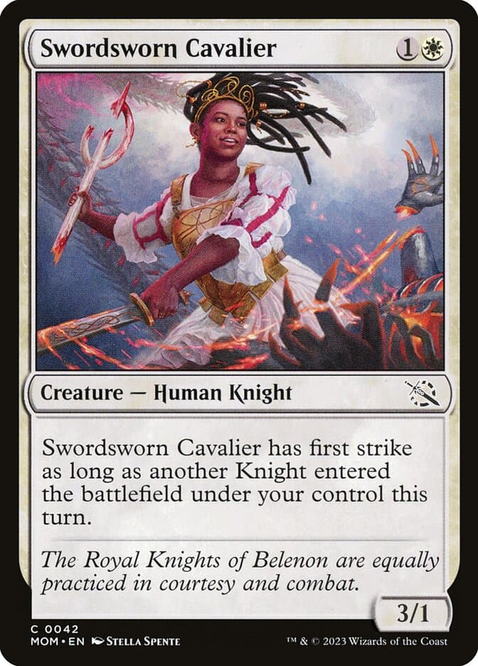 Swordsworn Cavalier via Card #42, Magic: The Gathering - March of the Machines (2023), Wizards of the Coast. Art by Stella Spente.