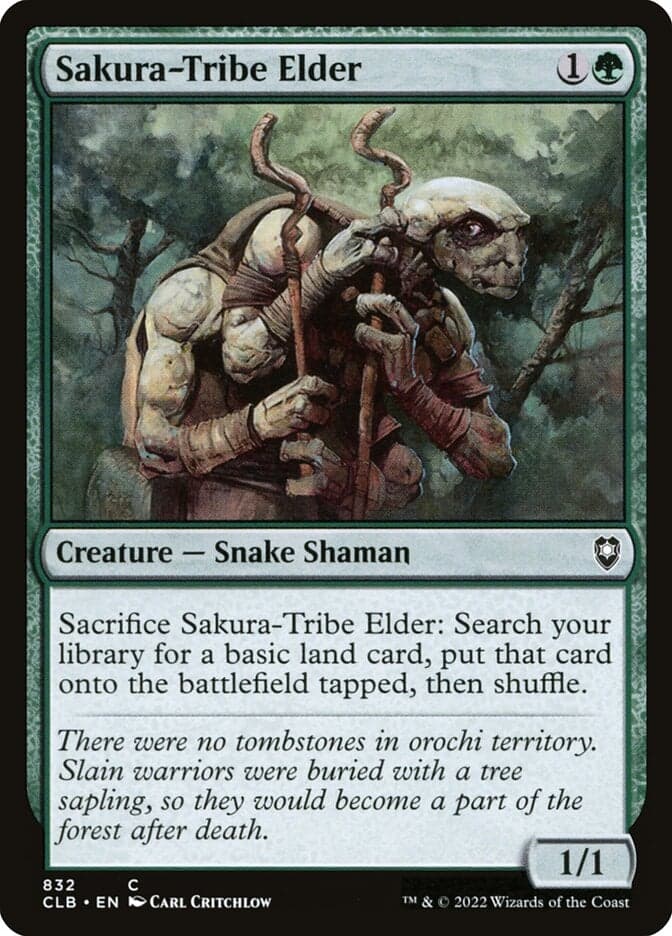 Sakura-Tribe Elder via Card #832, Magic: The Gathering - Commander Legends: Battle for Baludr's Gate (2022), Wizards of the Coast. Art by Carl Critchlow.
