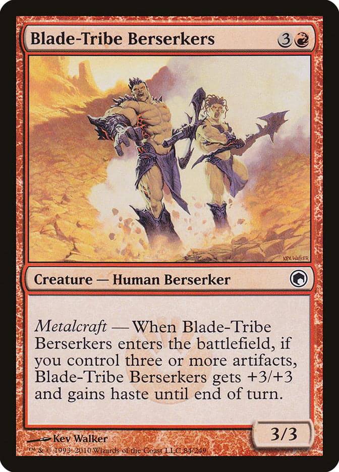 Blade-Tribe Bersekers via Card #84, Magic: The Gathering - Scars of Mirrodin, Wizards of the Coast. Art by Kev Walker.