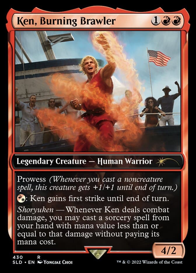 Ken unleashes his Shoryuken via Card #430, Magic: The Gathering - Secret Lair - Street Fighter (2022), Wizards of the Coast. Art by Youngjae Choi.