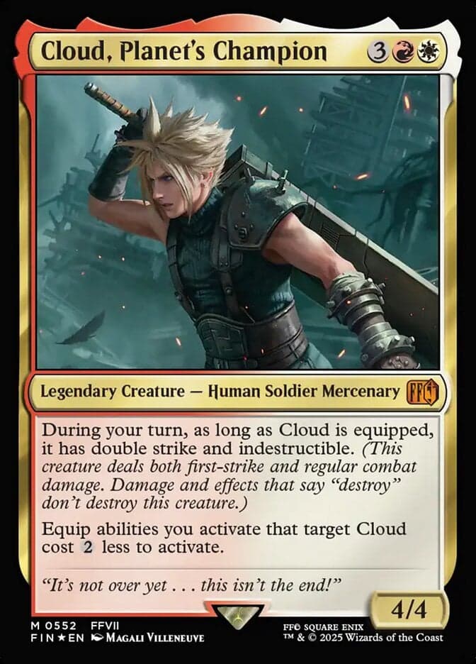 Cloud stands in defense of the planet via Card #552, Magic: The Gathering - Final Fantasy (2025), Wizards of the Coast. Art by Magali Villeneuve.