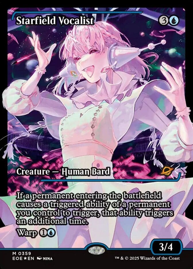 The galaxy receives the performance of a lifetime via Starfield Vocalist (Card #359), Magic: The Gathering - Edge of Eternities (2025), Wizards of the Coast. Art by nina.