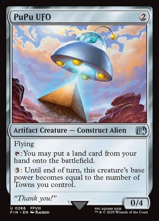 A PuPu picks up a souvenir via PuPu UFO (Card #266), Magic: The Gathering - Final Fantasy (2025), Wizards of the Coast. Art by Racrufi.
