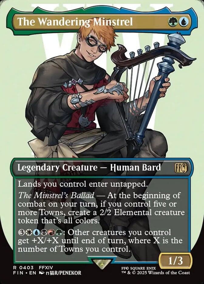 A certain game developer summons the forest creatures via The Wandering Minstrel (Card #403), Magic: The Gathering - Final Fantasy (2025), Wizards of the Coast. Art by Penekor.