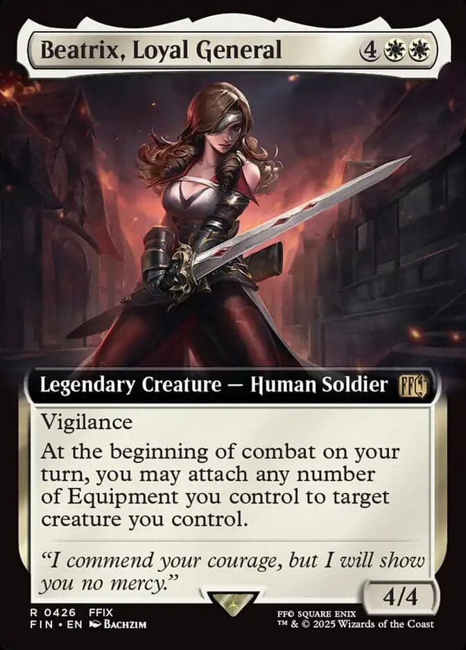 Beatrix stands in defense of Alexandria via Beatrix, Loyal General (Card #426), Magic: The Gathering - Final Fantasy (2025), Wizards of the Coast. Art by Bachzim.