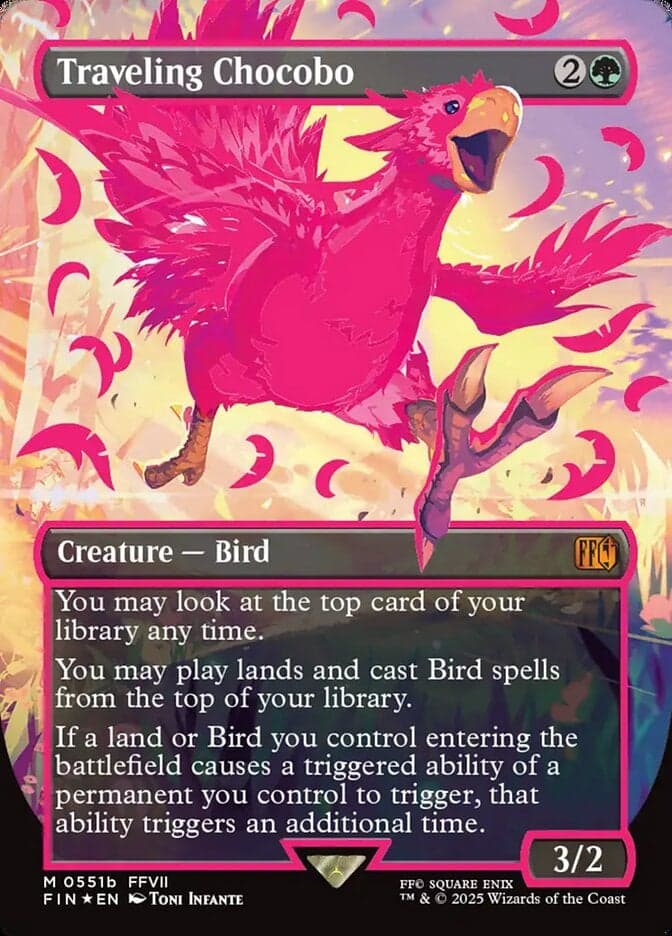 A Red Chocobo races into action via Traveling Chocobo (Card #551), Magic: The Gathering - Final Fantasy (2025), Wizards of the Coast. Art by Toni Infante.