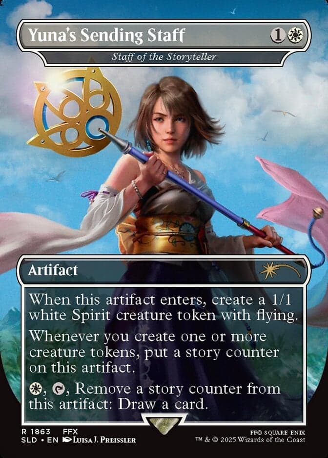 Yuna prepares to fulfill her duties as a sorcerer via Yuna's Sending Staff (Card #1863), Magic: The Gathering - Secret Lair Drop (2025), Wizards of the Coast. Art by Luisa J. Preissler.