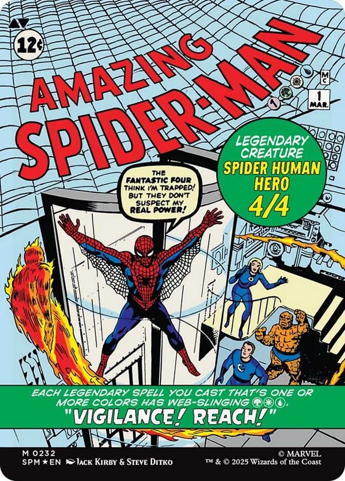 Peter Parker pays a visit to the Fantastic Four via Card #232, Magic: The Gathering - Marvel's Spider-Man (2025), Wizards of the Coast. Words and art by Steve Ditko and Stan Lee.