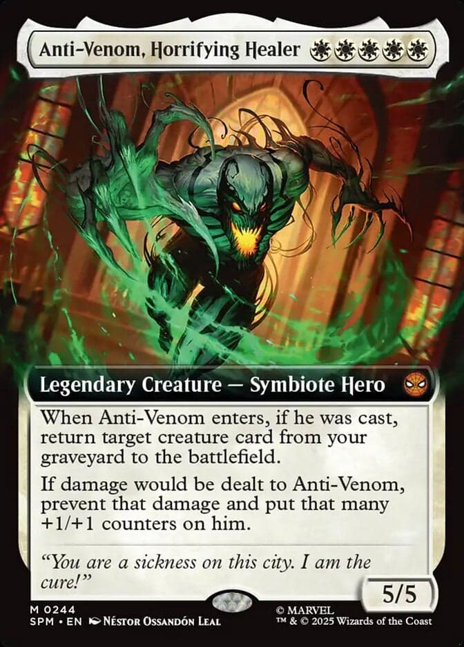 Eddie Brock turns over a new leaf via Anti-Venom, Horrifying Healer (Card #244), Magic: The Gathering - Marvel's Spider-Man (2025), Wizards of the Coast. Art by Néstor Ossandón Leal.