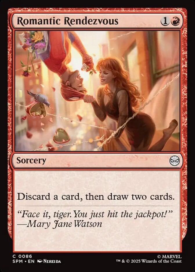 Mary-Jane loves Peter Parker via Romantic Rendezvous (Card #018), Magic: The Gathering - Marvel's Spider-Man (2025), Wizards of the Coast. Art by Nereida.