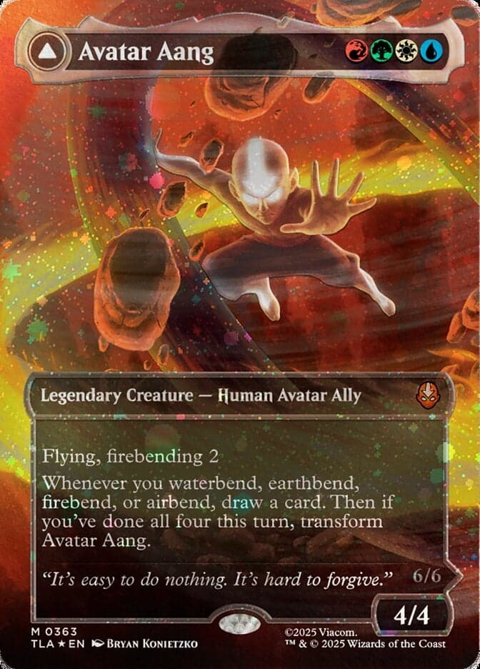 Aang unleashes his Avatar State via Avatar Aang (Card #363), Magic: The Gathering - Avatar: The Last Airbender (2025), Wizards of the Coast. Art by Bryan Konietzko.