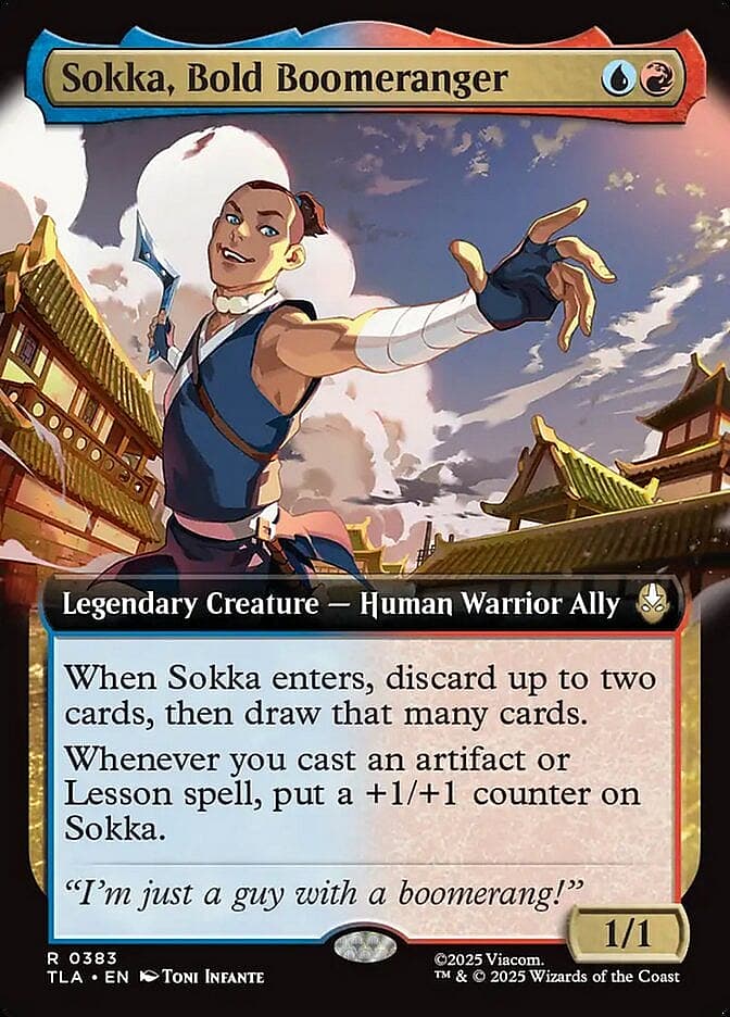 Sokka wielding boomerang in fighting stance, Sokka Bold Boomeranger card, Magic: The Gathering