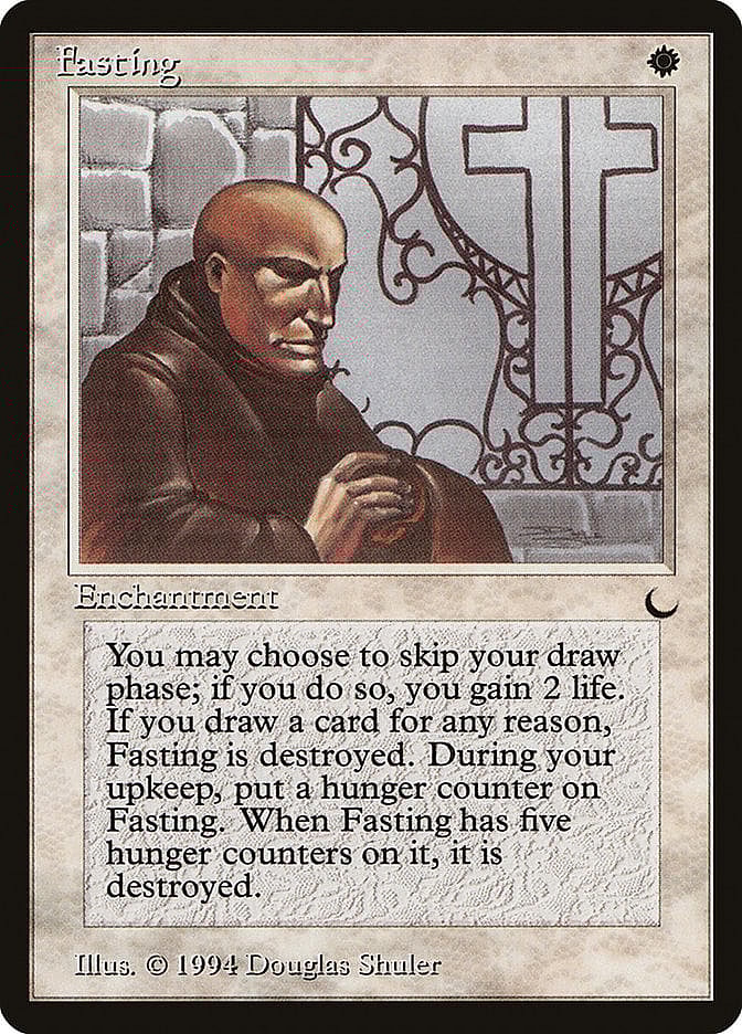 A monk throws himself into prayer as a distraction from his hunger via Fasting (Card #007), Magic: The Gathering - The Dark (1994), Wizards of the Coast. Art by Douglas Shuler.