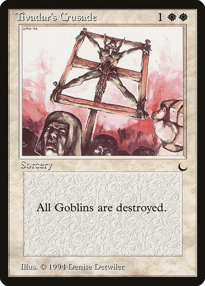 The Church of Tal parades around the corpse of a crucified Goblin via Tivadar's Crusade (Card #018), Magic: The Gathering - The Dark (1994), Wizards of the Coast. Art by Denise Detwiler.