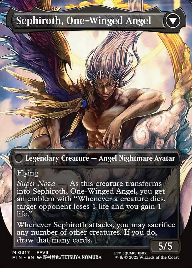 An even Safer Sephiroth ascends via Sephiroth, One-Winged Angel (Card #317), Magic: The Gathering - Final Fantasy (2025), Wizards of the Coast. Art by Tetsuya Nomura.