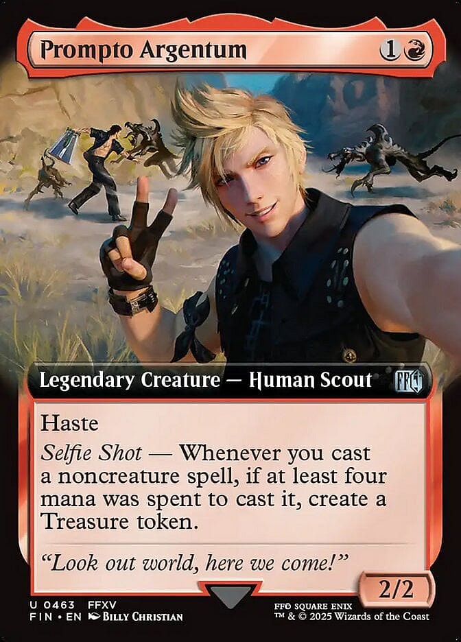 Prompto snaps a selfie via Prompto Argentum (Card #463), Magic: The Gathering - Final Fantasy (2025), Wizards of the Coast. Art by Billy Christian.