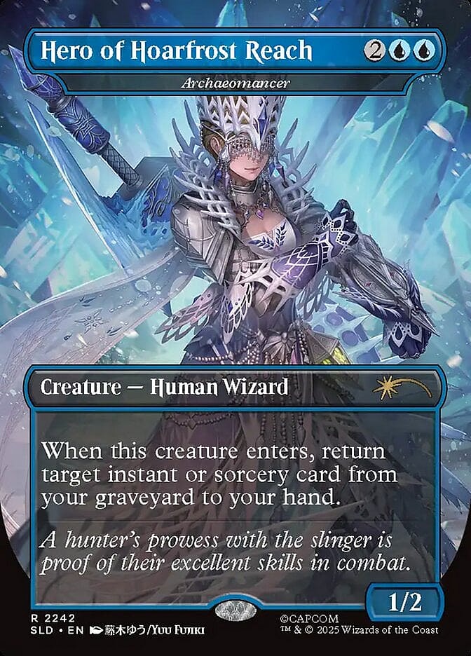 A Hunter nocks an arrow into her slinger via Hero of Hoarfrost Reach (Card #2242, Magic: The Gathering Secret Lair Drop - Monster Hunter: The Hunters (Canceled), Wizards of the Coast. Art by Yuu Fujiki.