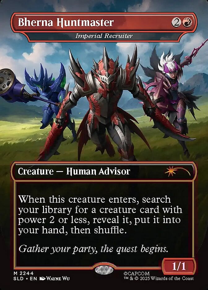 A trio of Hunters rush into battle via Bherna Huntmaster (Card #2244, Magic: The Gathering Secret Lair Drop - Monster Hunter: The Hunters (Cancelled), Wizards of the Coast. Art by Wayne Wu.