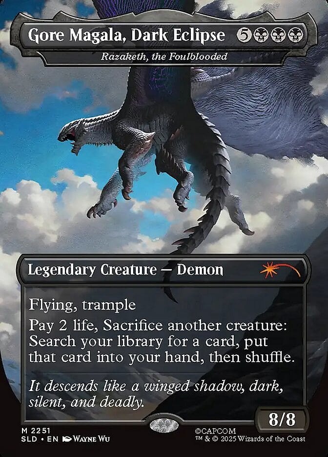 Gore Magala spreads his disease-spreading wings via Gore Magala, Dark Eclipse (Card #2251, Magic: The Gathering Secret Lair Drop - Monster Hunter: The Monsters II (Canceled), Wizards of the Coast. Art by Wayne Wu.