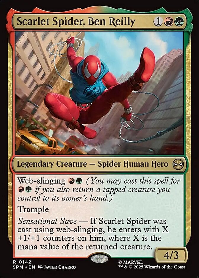 The Clone Saga's golden son swings into action via Scarlet Spider, Ben Reilly (Card #142), Magic: The Gathering - Marvel's Spider-Man (2025), Wizards of the Coast. Art by Javier Charro.