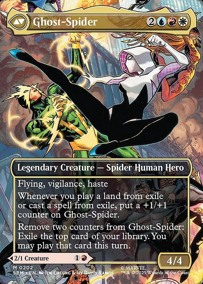 Spider-Gwen takes on Electro via (Card #202), Magic: The Gathering - Marvel's Spider-Man (2025), Wizards of the Coast. Art by Jim Cheung and Jay David Ramos.