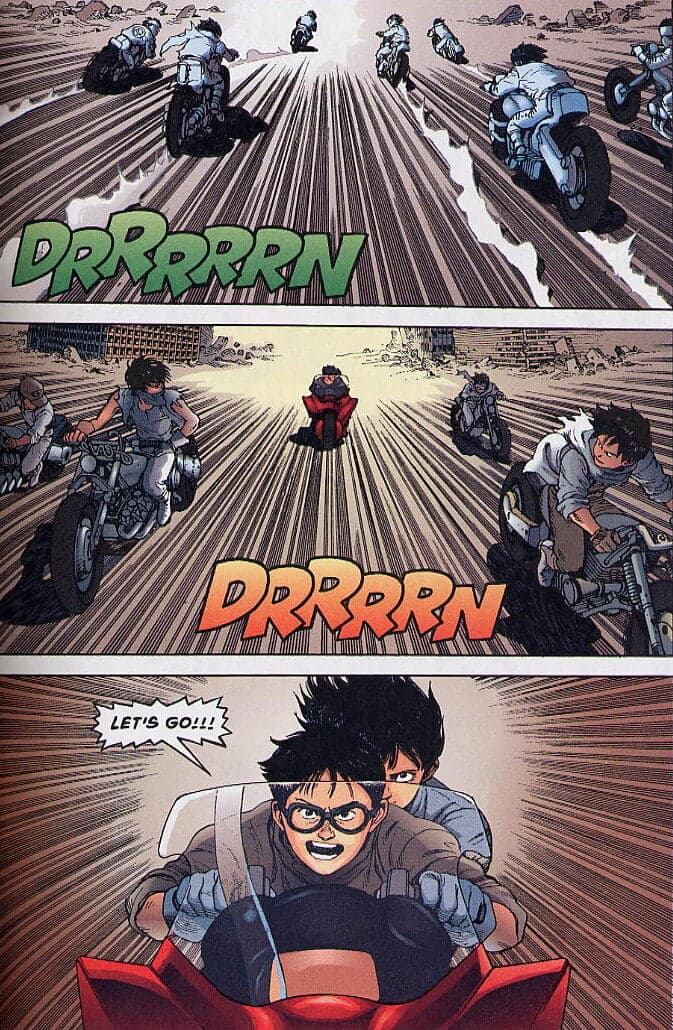 Kaneda and Kei race towards a new future in Akira Chapter 38 "The Final Chapter" (1988), Kodansha/Epic Comics. Words by Katsuhiro Otomo, art by Katsuhiro Otomo and Steve Oliff. Words by Katsuhiro Otomo, art by Katsuhiro Otomo and Steve Oliff.